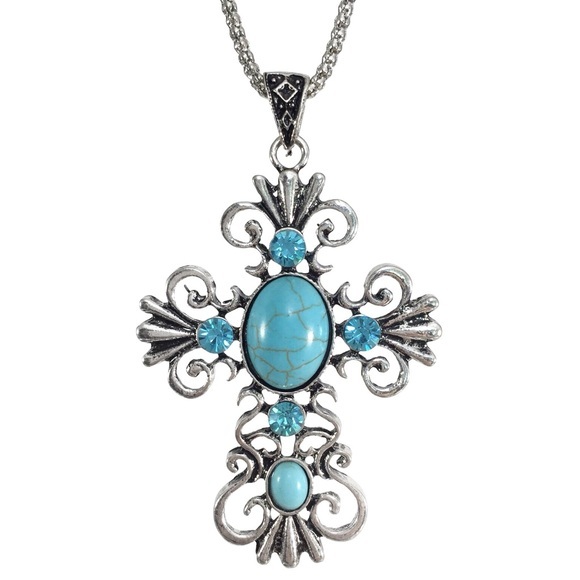 Turquoise Swirl Filigree Cross Western Necklace - Picture 1 of 3